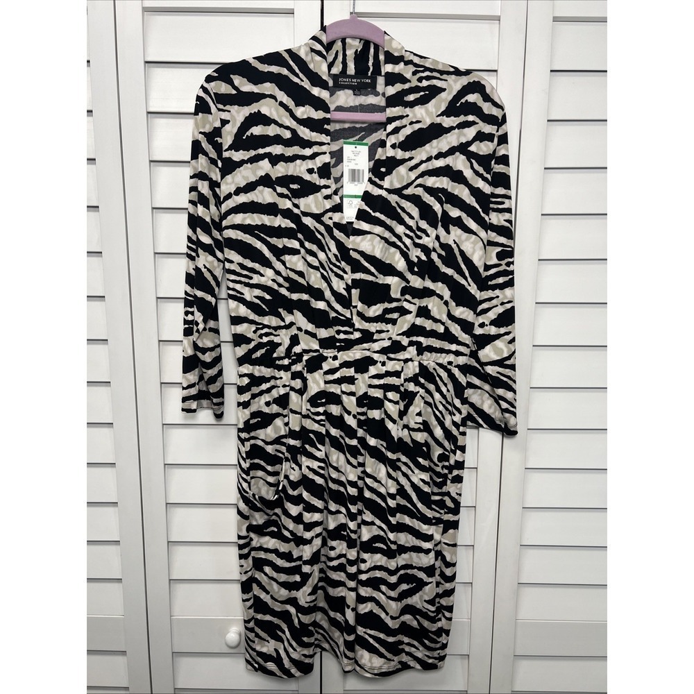 Jones New York Zebra Print 3/4 Sleeve Pleated Stretch Dress Size Large NWT